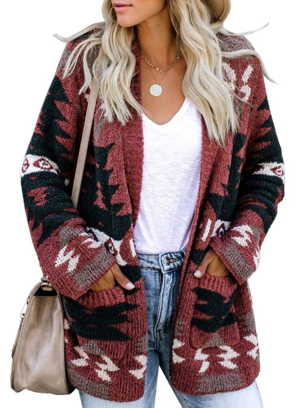 Women Boho Cardigan Aztec Open Front Loose Slouchy Sweaters Tribal Long Sleeve